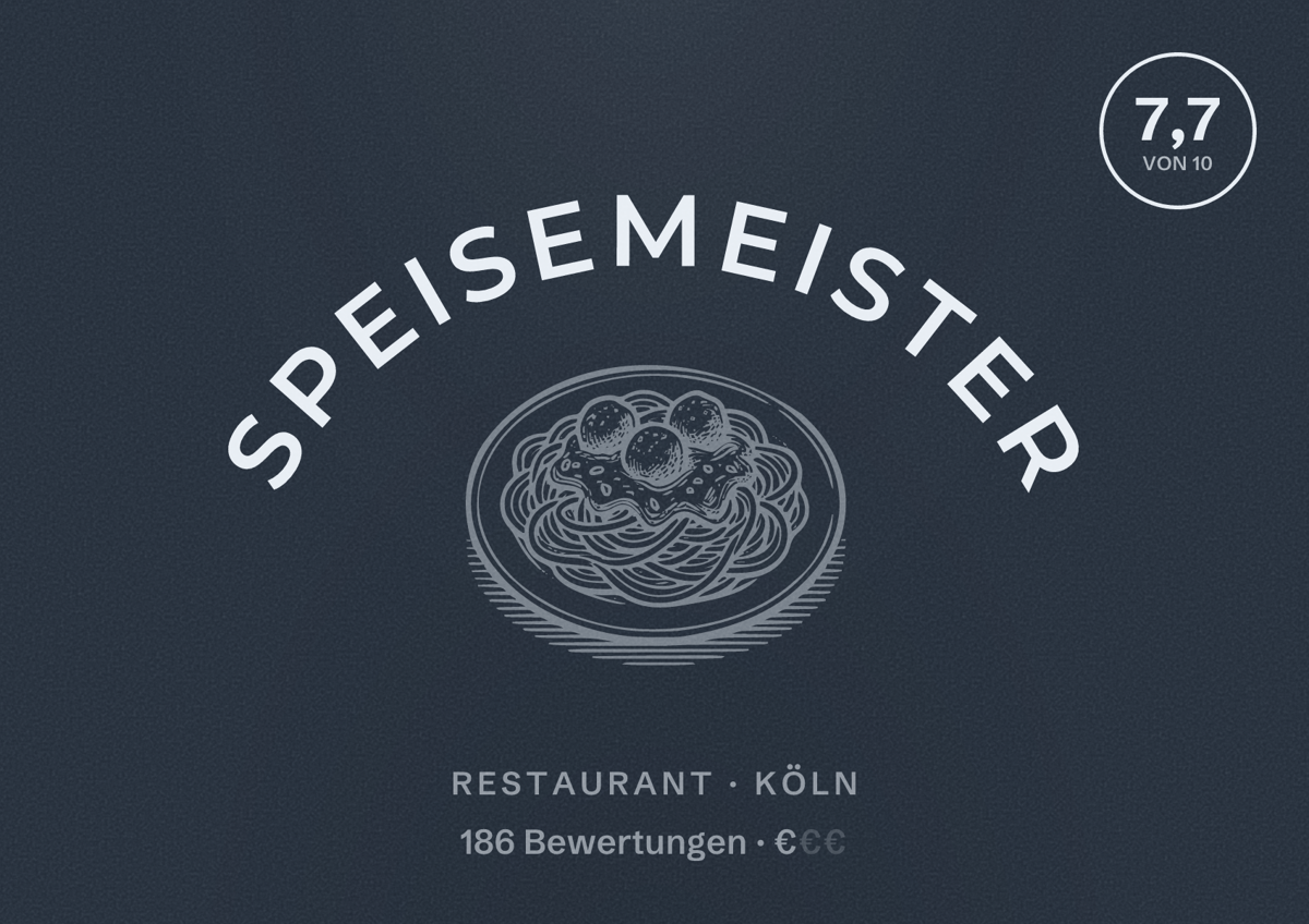 Illustriertes Poster von Speisemeister, Restaurant in Köln: Bewertung 7,7 von 10 aus 186 Bewertungen, Preisniveau €