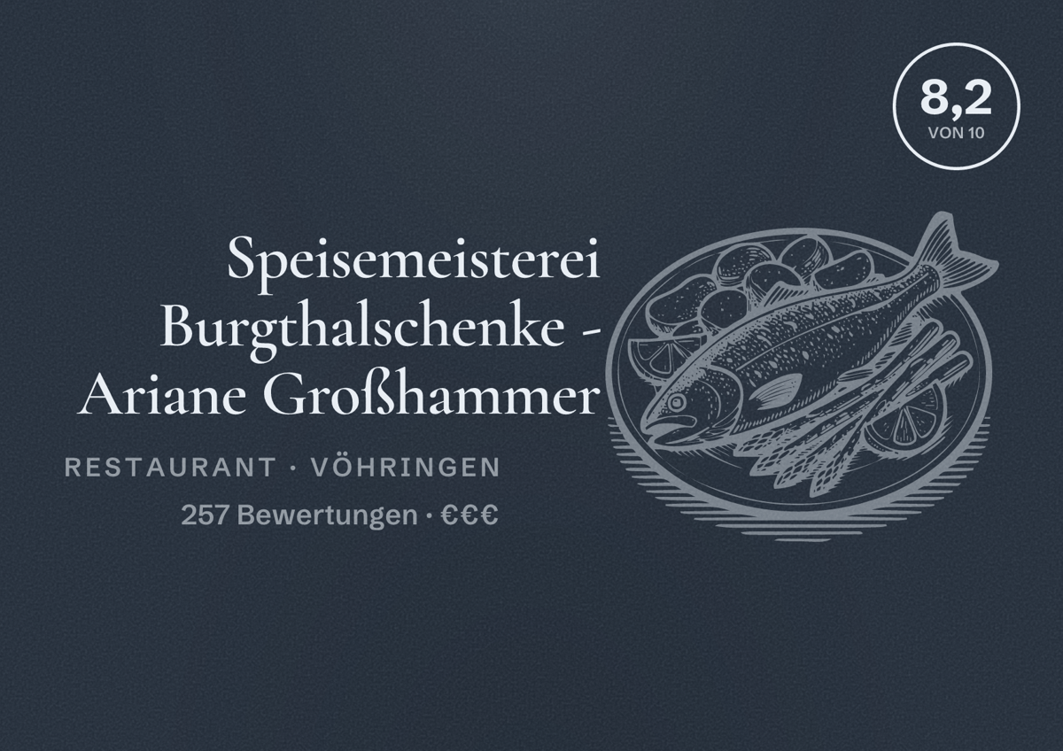 Illustriertes Poster von Speisemeisterei Burgthalschenke - Ariane Großhammer, Restaurant in Vöhringen: Bewertung 8,2 von 10 aus 257 Bewertungen, Preisniveau €€€