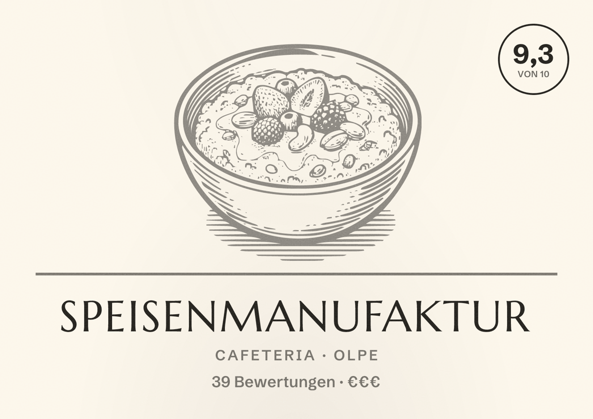 Illustriertes Poster von Speisenmanufaktur, Cafeteria in Olpe: Bewertung 9,3 von 10 aus 39 Bewertungen, Preisniveau €€€