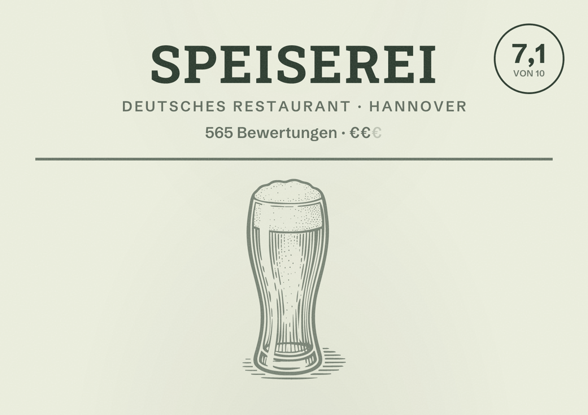 Illustriertes Poster von Speiserei, Deutsches Restaurant in Hannover: Gästebewertung 7,1 von 10 aus 565 Bewertungen