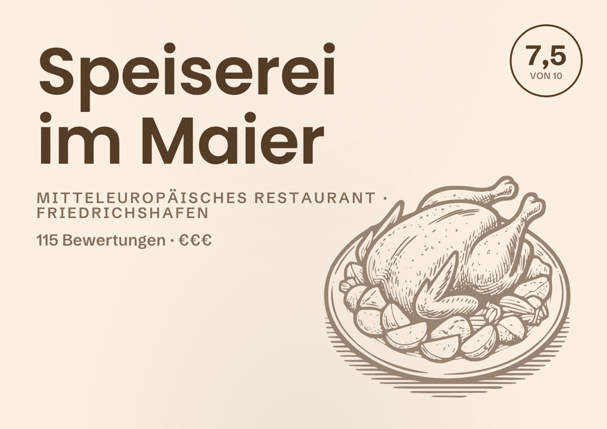 Illustriertes Poster von Speiserei im Maier, Mitteleuropäisches Restaurant in Friedrichshafen: Bewertung 7,5 von 10 aus 115 Bewertungen, Preisniveau €€€