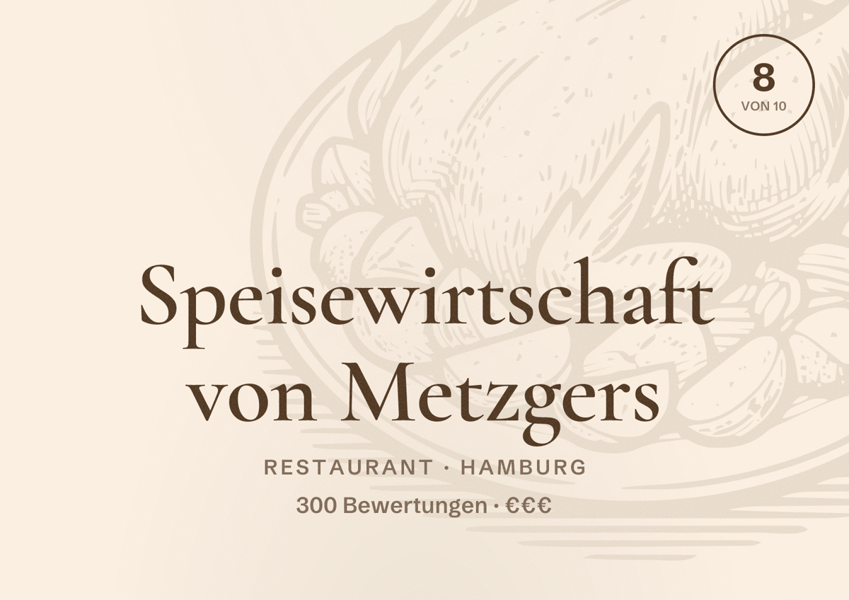 Illustriertes Poster von Speisewirtschaft von Metzgers, Restaurant in Hamburg: Bewertung 8,0 von 10 aus 300 Bewertungen, Preisniveau €€€