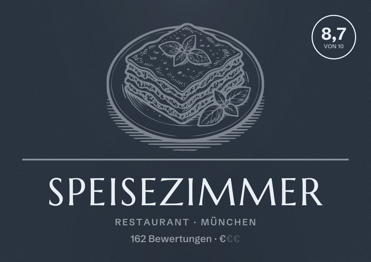 Illustriertes Poster von Speisezimmer, Restaurant in München: Bewertung 8,7 von 10 aus 162 Bewertungen, Preisniveau €
