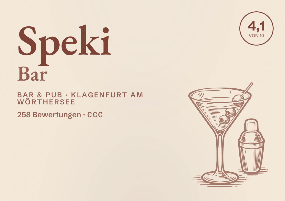 Illustriertes Poster von Speki Bar, Bar & Pub in Klagenfurt am Wörthersee: Bewertung 4,1 von 10 aus 258 Bewertungen, Preisniveau €€€