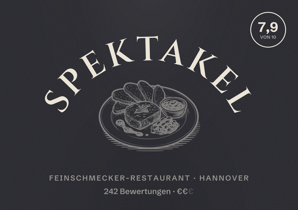 Illustriertes Poster von Spektakel, Feinschmecker-Restaurant in Hannover: Bewertung 7,9 von 10 aus 242 Bewertungen, Preisniveau €€
