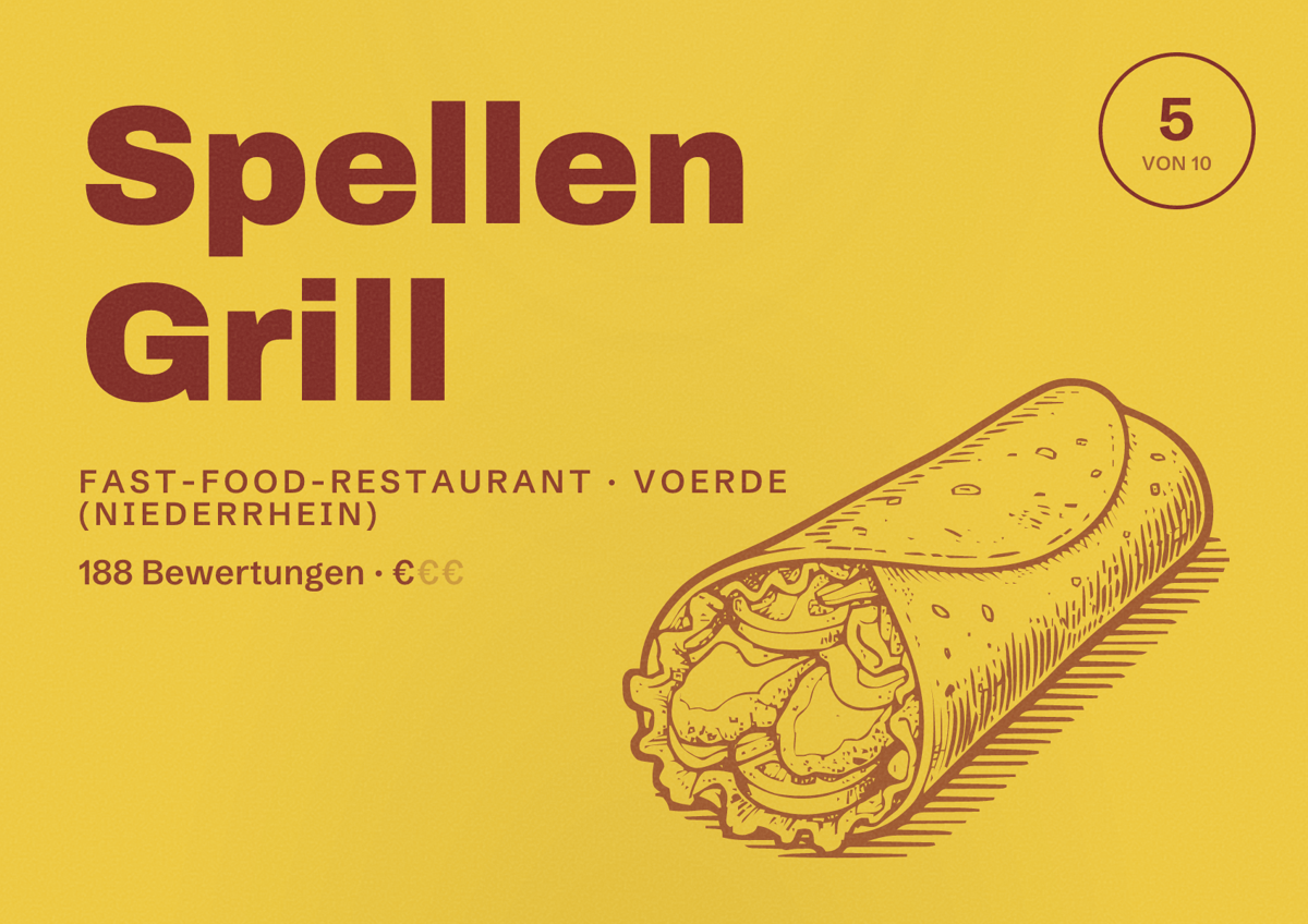 Illustriertes Poster von Spellen Grill, Fast-Food-Restaurant in Voerde (Niederrhein): Bewertung 5 von 10 aus 188 Bewertungen, Preisniveau €