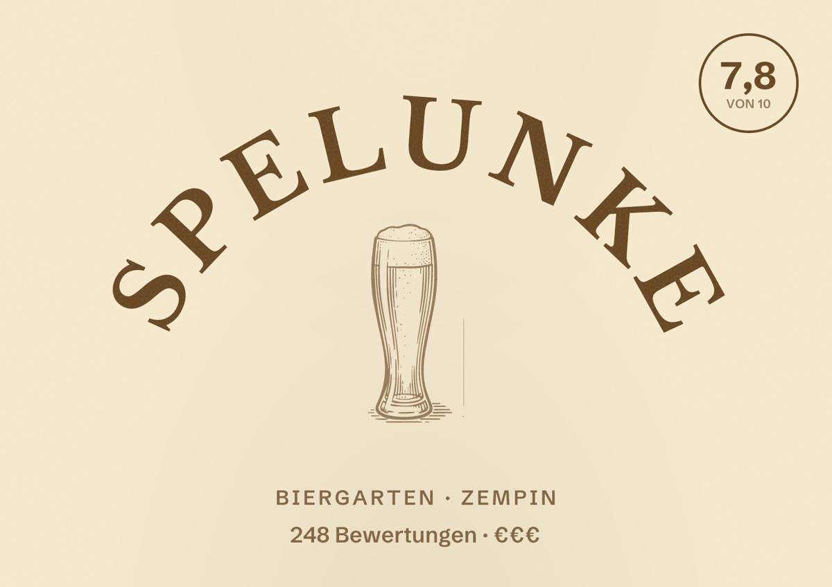 Illustriertes Poster von Spelunke, Biergarten in Zempin: Bewertung 7,8 von 10 aus 248 Bewertungen, Preisniveau €€€