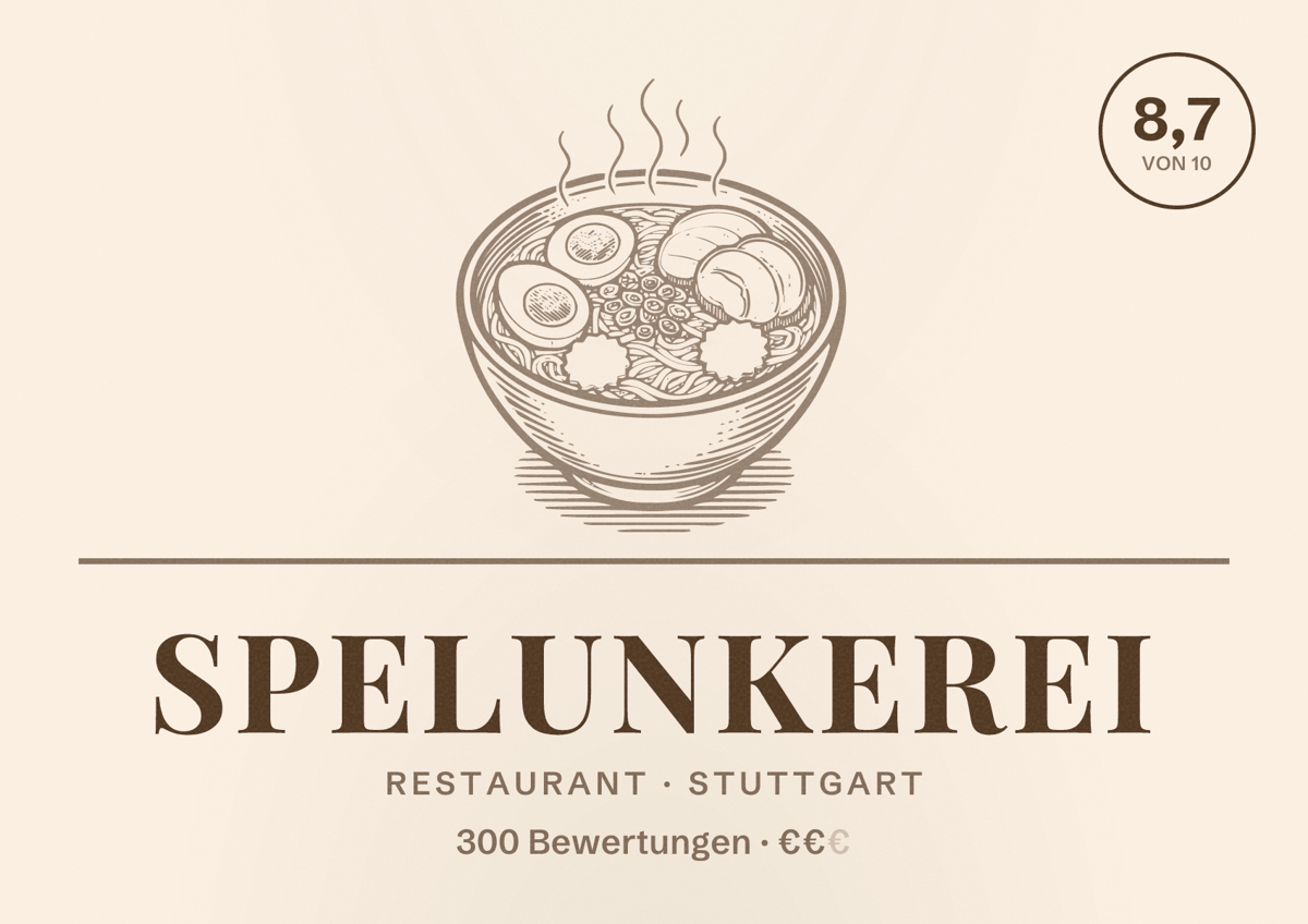 Illustriertes Poster von Spelunkerei, Restaurant in Stuttgart: Bewertung 8,7 von 10 aus 300 Bewertungen, Preisniveau €€