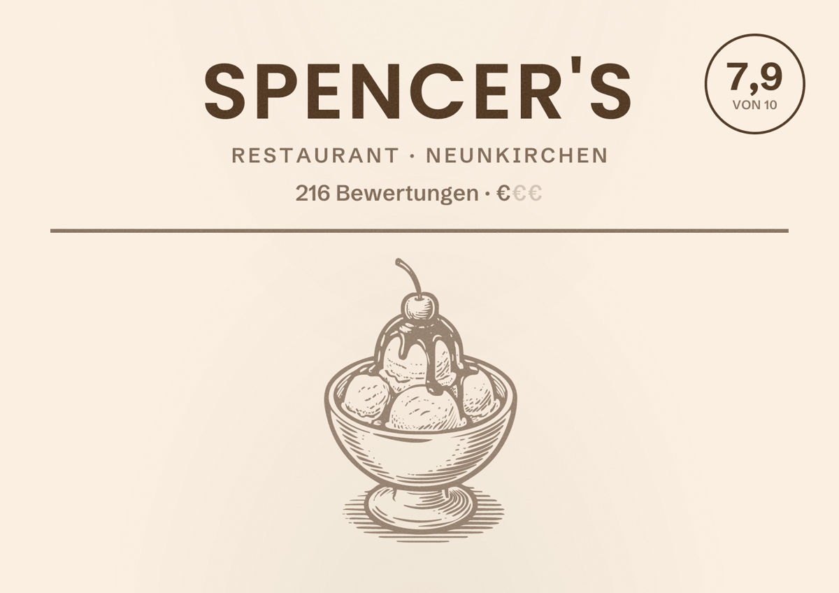 Illustriertes Poster von Spencer's, Restaurant in Neunkirchen: Bewertung 7,9 von 10 aus 216 Bewertungen, Preisniveau €