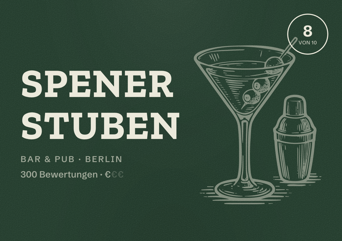 Illustriertes Poster von Spener Stuben, Bar & Pub in Berlin: Bewertung 8,0 von 10 aus 300 Bewertungen, Preisniveau €