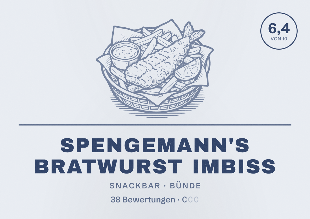 Illustriertes Poster von Spengemann's Bratwurst Imbiss, Snackbar in Bünde: Bewertung 6,4 von 10 aus 38 Bewertungen, Preisniveau €
