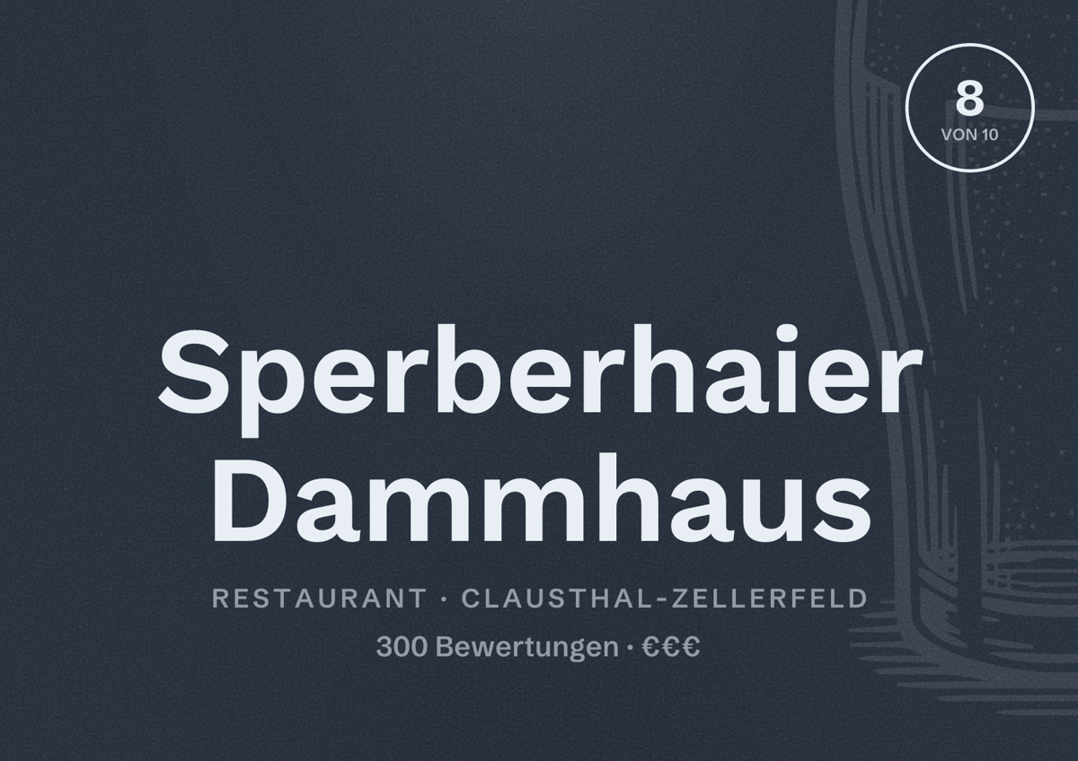 Illustriertes Poster von Sperberhaier Dammhaus, Restaurant in Clausthal-Zellerfeld: Bewertung 8 von 10 aus 300 Bewertungen, Preisniveau €€€