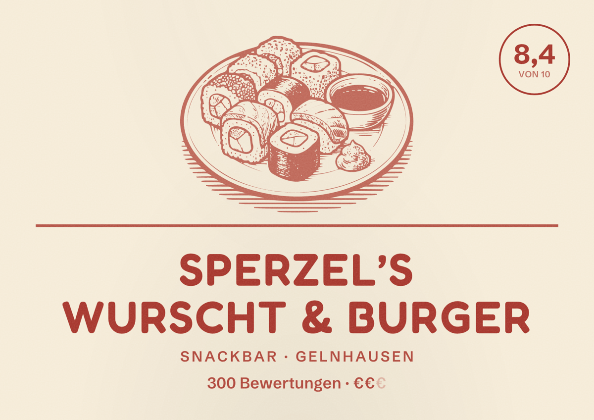 Illustriertes Poster von Sperzel’s Wurscht & Burger, Snackbar in Gelnhausen: Bewertung 8,4 von 10 aus 300 Bewertungen, Preisniveau €€
