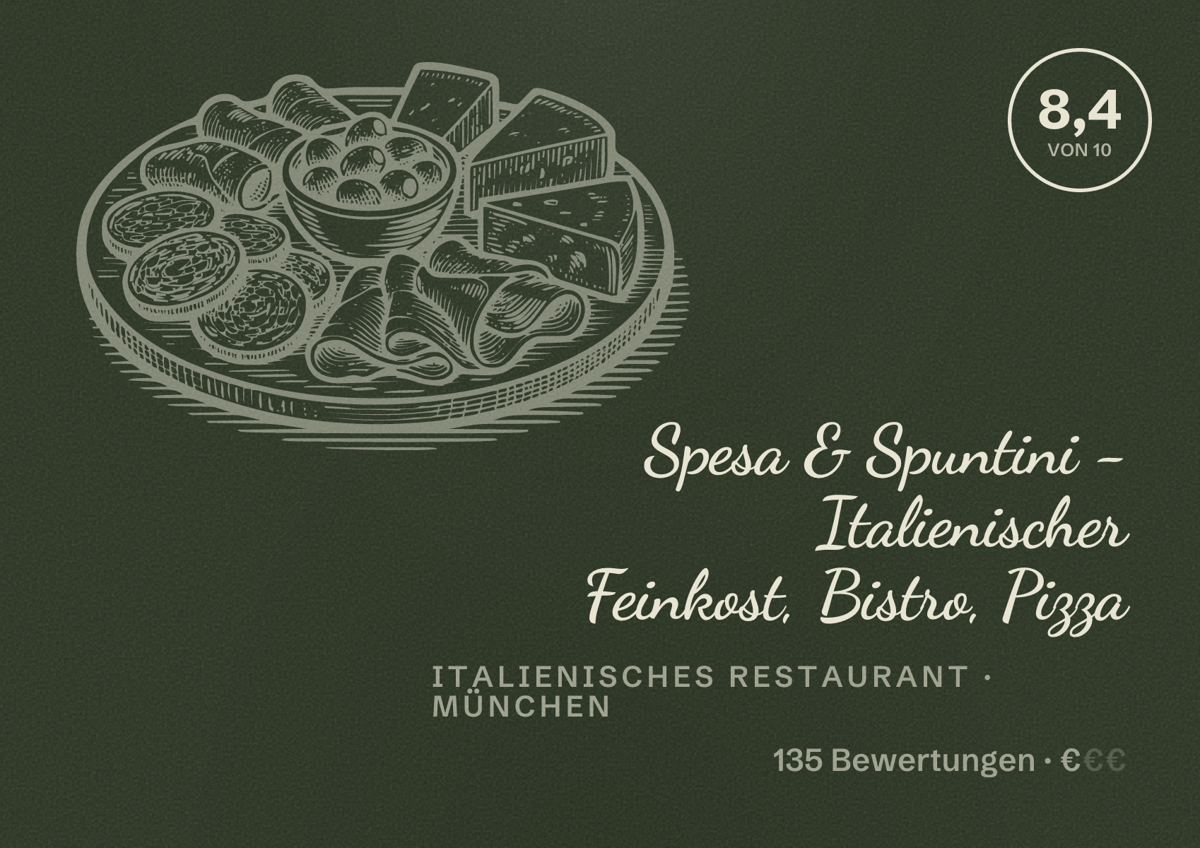 Illustriertes Poster von Spesa & Spuntini - Italienischer Feinkost, Bistro, Pizza, Italienisches Restaurant in München: Bewertung 8,4 von 10 aus 135 Bewertungen, Preisniveau €
