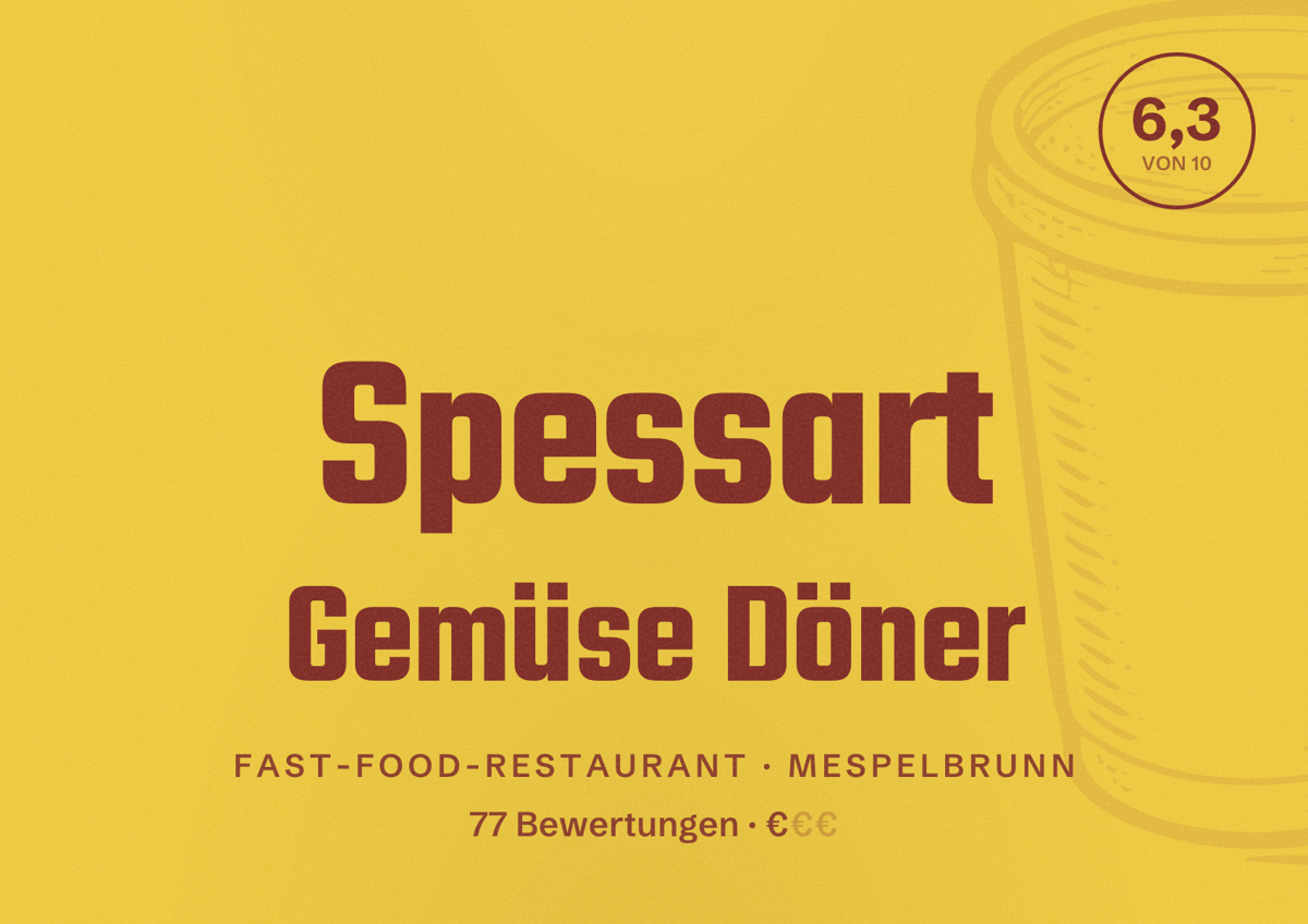 Illustriertes Poster von Spessart Gemüse Döner, Fast-Food-Restaurant in Mespelbrunn: Bewertung 6,3 von 10 aus 77 Bewertungen, Preisniveau €