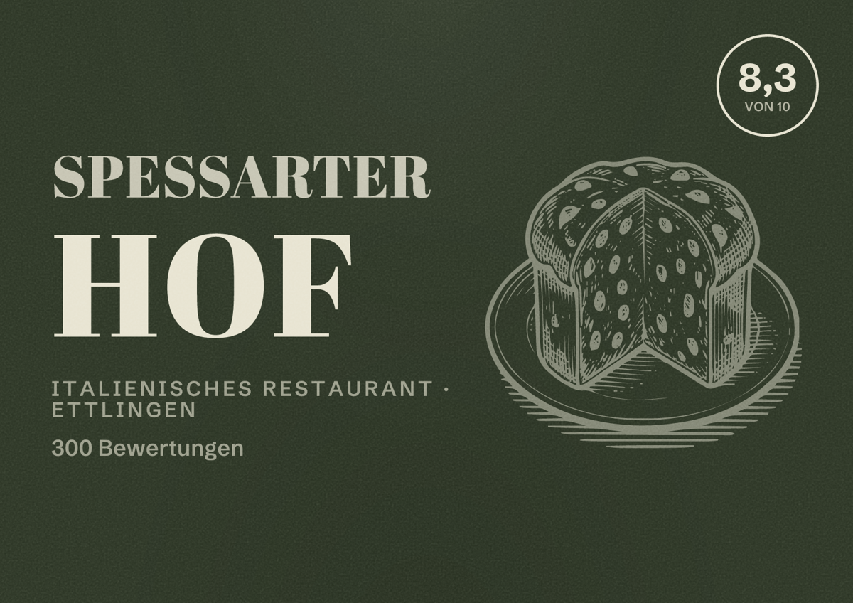 Illustriertes Poster von Spessarter Hof, Italienisches Restaurant in Ettlingen: Bewertung 8,3 von 10 aus 300 Bewertungen