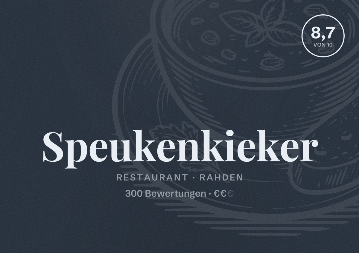 Illustriertes Poster von Speukenkieker, Restaurant in Rahden: Bewertung 8,7 von 10 aus 300 Bewertungen, Preisniveau €€
