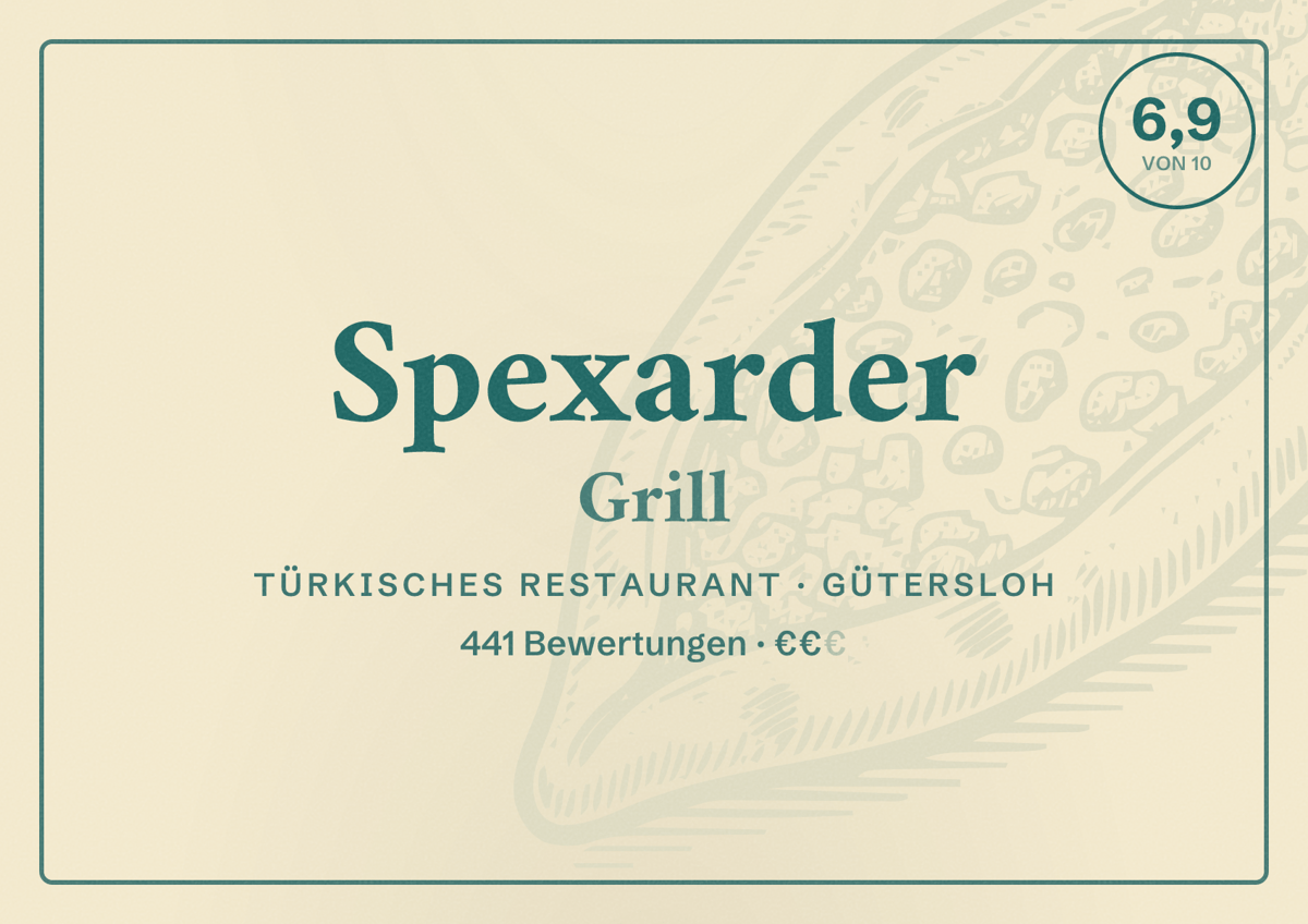 Illustriertes Poster von Spexarder Grill, Türkisches Restaurant in Gütersloh: Bewertung 6,9 von 10 aus 441 Bewertungen, Preisniveau €€