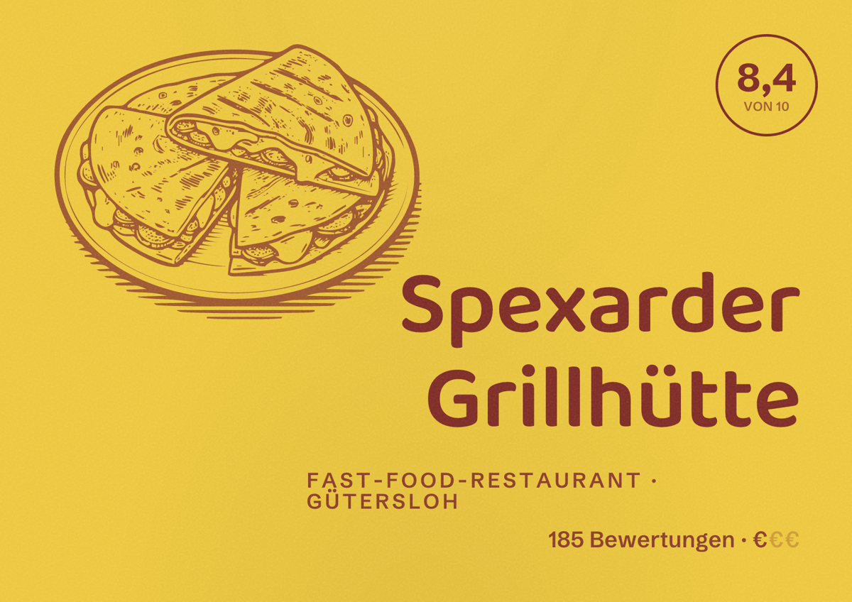 Illustriertes Poster von Spexarder Grillhütte, Fast-Food-Restaurant in Gütersloh: Bewertung 8,4 von 10 aus 185 Bewertungen, Preisniveau €