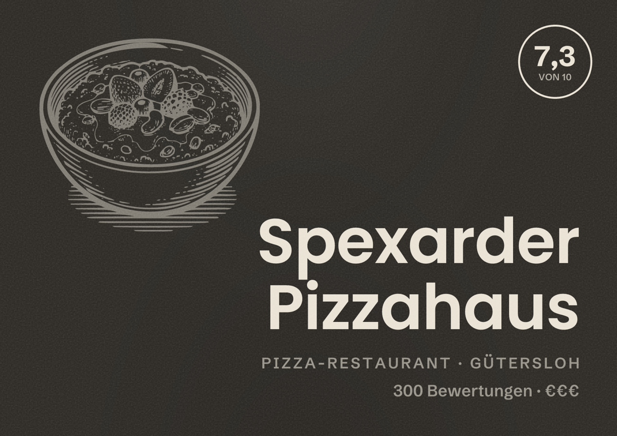 Illustriertes Poster von Spexarder Pizzahaus, Pizza-Restaurant in Gütersloh: Bewertung 7,3 von 10 aus 300 Bewertungen, Preisniveau €€€