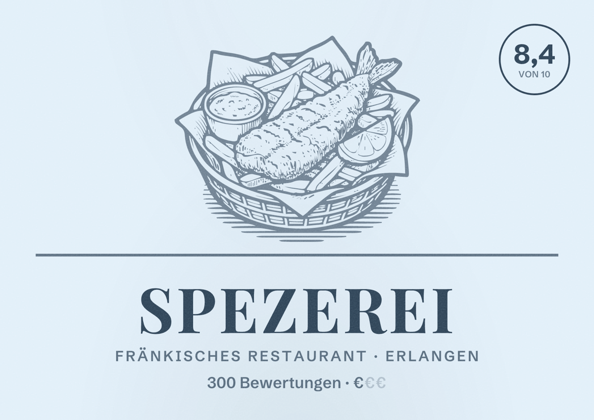 Illustriertes Poster von Spezerei, Fränkisches Restaurant in Erlangen: Bewertung 8,4 von 10 aus 300 Bewertungen, Preisniveau €