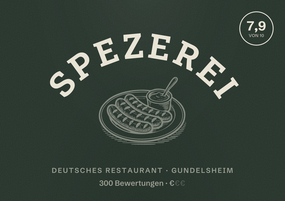 Illustriertes Poster von Spezerei, Deutsches Restaurant in Gundelsheim: Bewertung 7,9 von 10 aus 300 Bewertungen, Preisniveau €