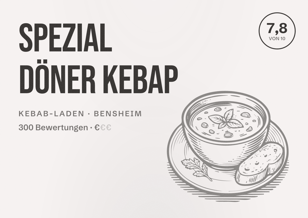 Illustriertes Poster von Spezial Döner Kebap, Kebab-Laden in Bensheim: Bewertung 7,8 von 10 aus 300 Bewertungen, Preisniveau €