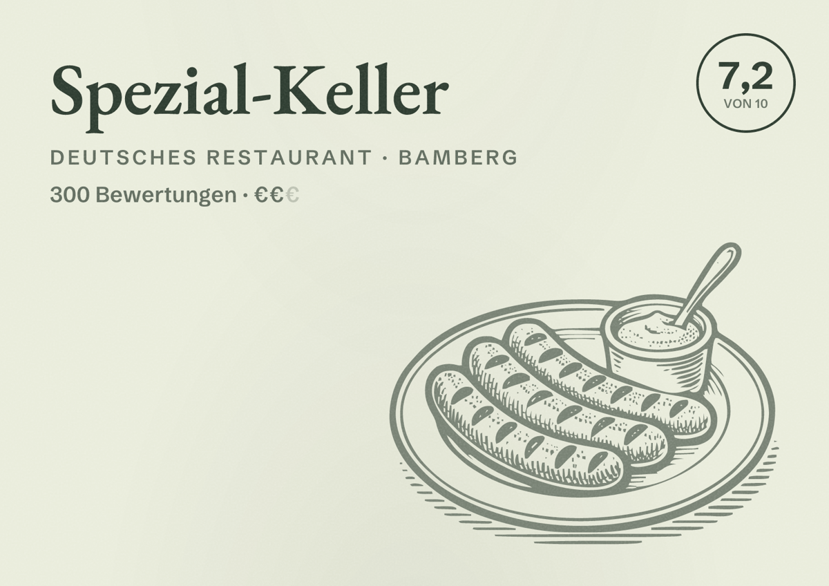 Illustriertes Poster von Spezial-Keller, Deutsches Restaurant in Bamberg: Bewertung 7,2 von 10 aus 300 Bewertungen, Preisniveau €€