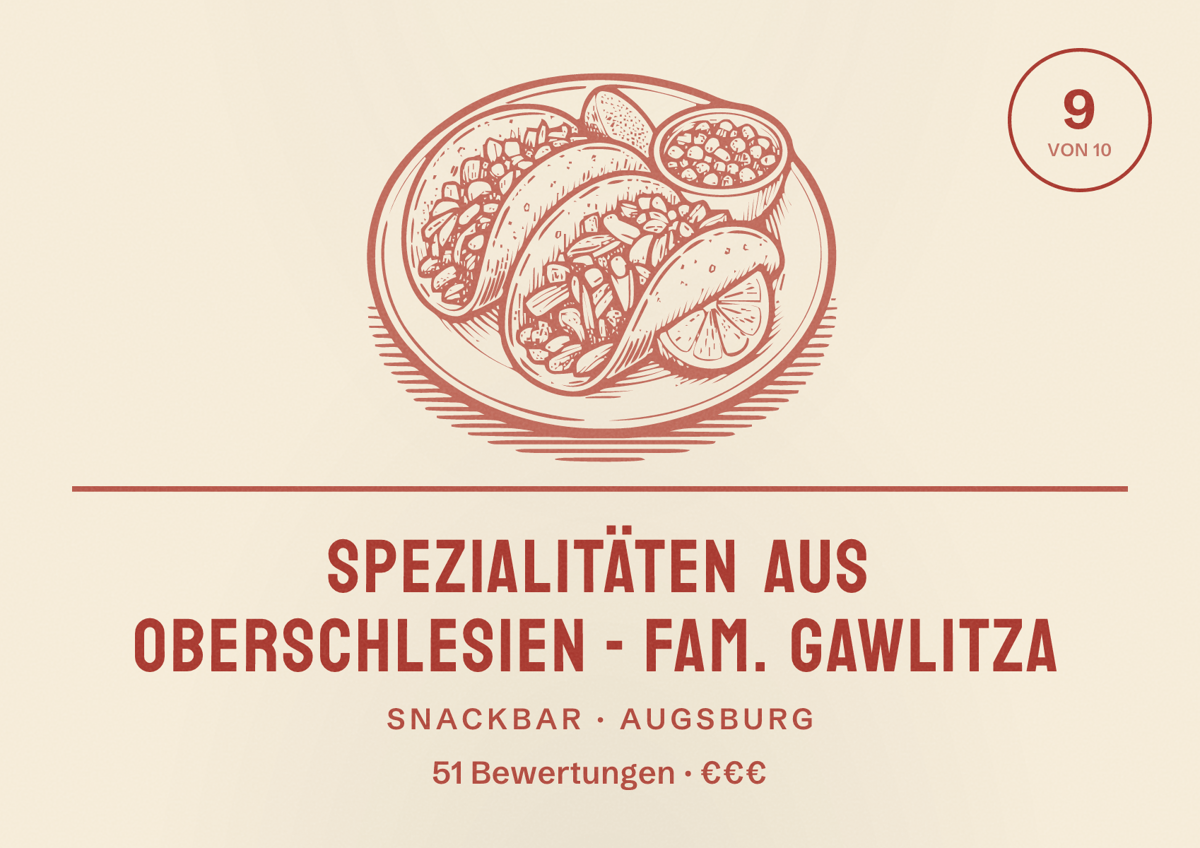 Illustriertes Poster von Spezialitäten aus Oberschlesien - Fam. Gawlitza, Snackbar in Augsburg: Bewertung 9 von 10 aus 51 Bewertungen, Preisniveau €€€
