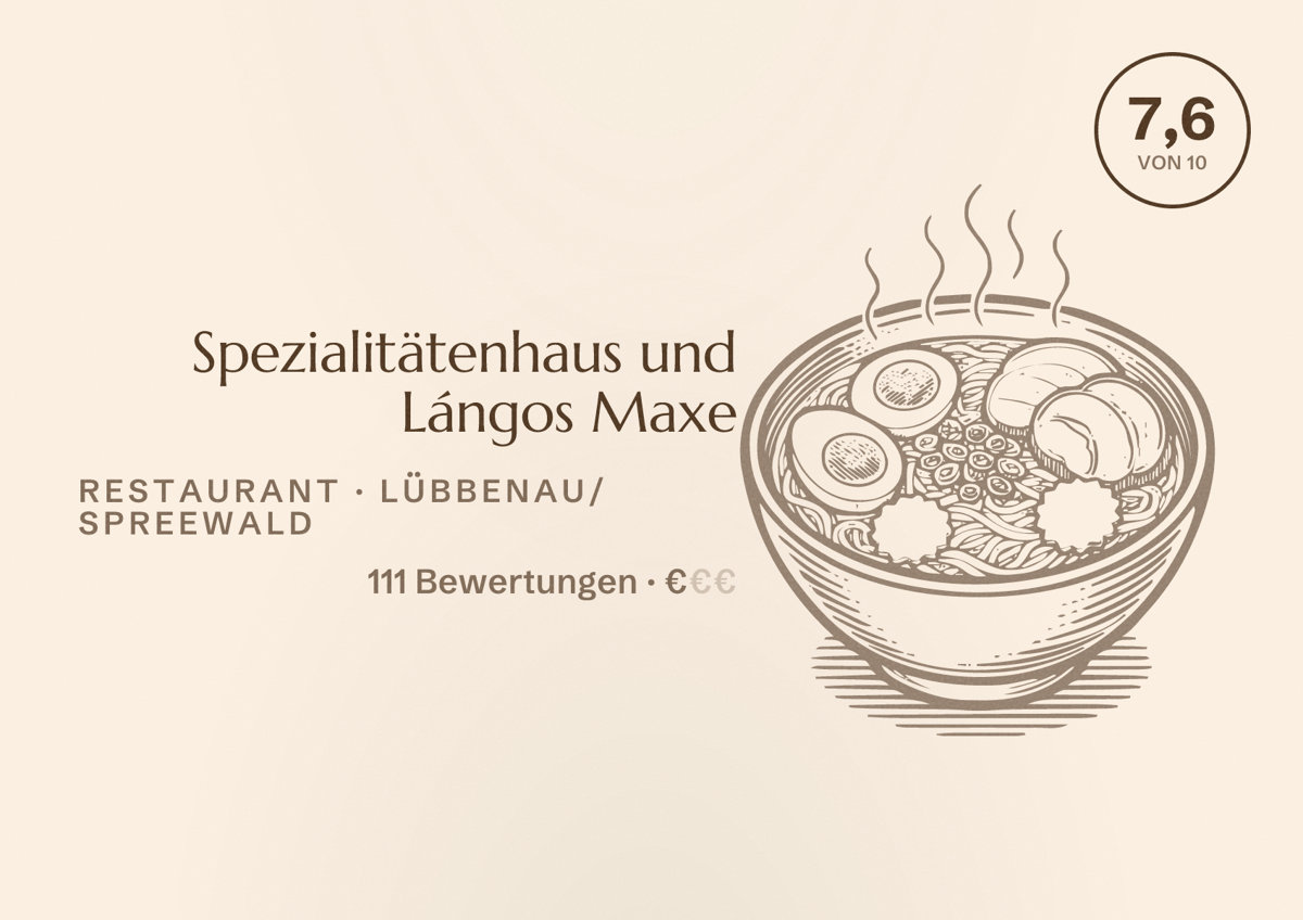 Illustriertes Poster von Spezialitätenhaus und Lángos Maxe, Restaurant in Lübbenau/Spreewald: Bewertung 7,6 von 10 aus 111 Bewertungen, Preisniveau €