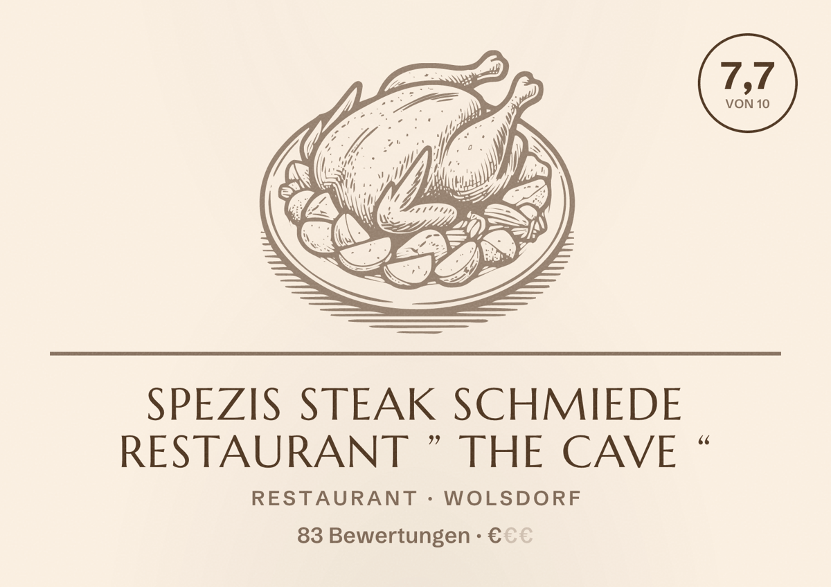 Illustriertes Poster von Spezis Steak Schmiede Restaurant ” The Cave “, Restaurant in Wolsdorf: Bewertung 7,7 von 10 aus 83 Bewertungen, Preisniveau €