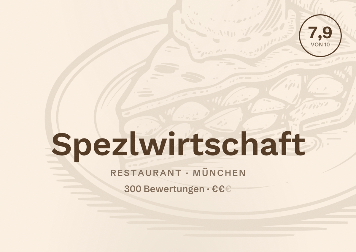 Illustriertes Poster von Spezlwirtschaft, Restaurant in München: Bewertung 7,9 von 10 aus 300 Bewertungen, Preisniveau €€