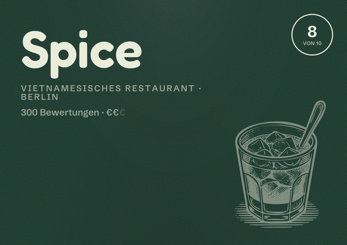 Illustriertes Poster von Spice, Vietnamesisches Restaurant in Berlin: Bewertung 8,0 von 10 aus 300 Bewertungen, Preisniveau €€