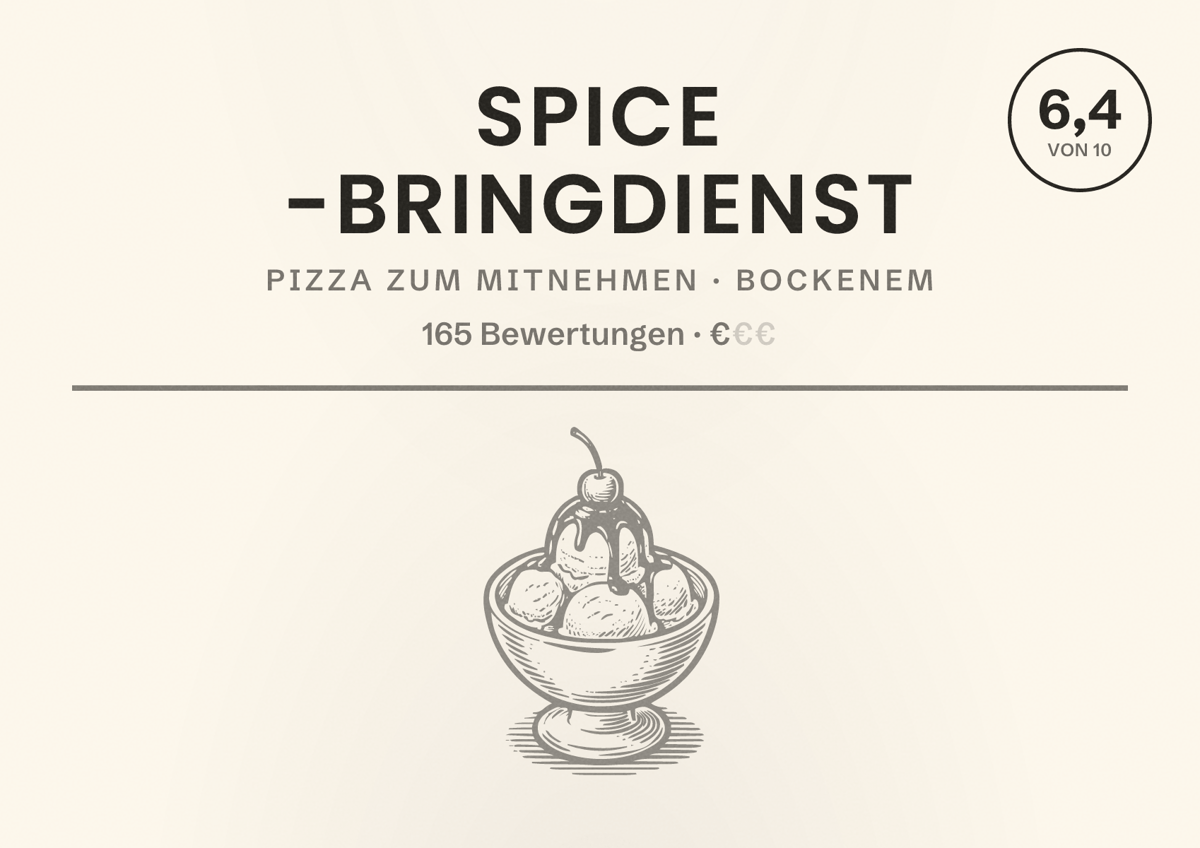 Illustriertes Poster von Spice -Bringdienst, Pizza zum Mitnehmen in Bockenem: Bewertung 6,4 von 10 aus 165 Bewertungen, Preisniveau €
