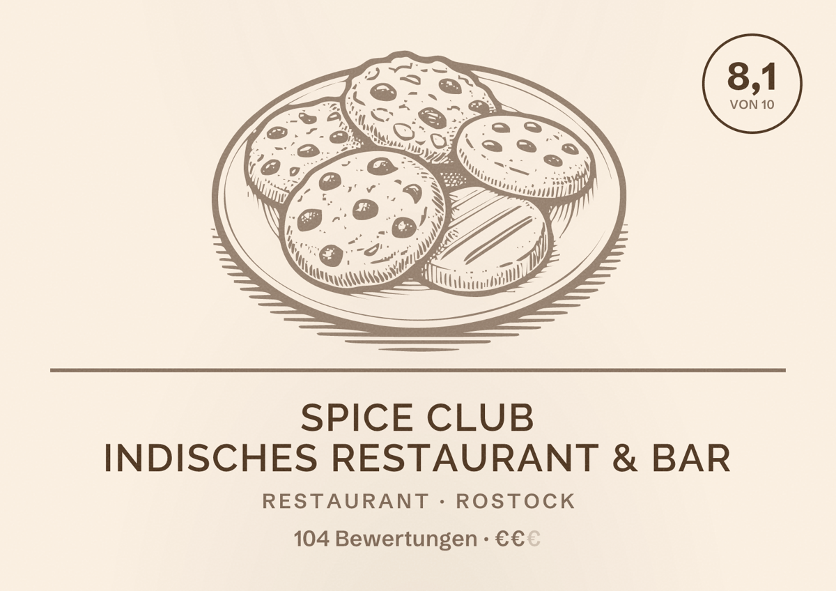 Illustriertes Poster von Spice Club Indisches Restaurant & Bar, Restaurant in Rostock: Bewertung 8,1 von 10 aus 104 Bewertungen, Preisniveau €€