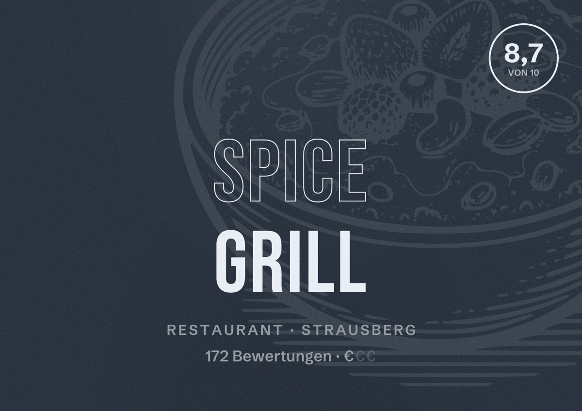 Illustriertes Poster von Spice Grill, Restaurant in Strausberg: Bewertung 8,7 von 10 aus 172 Bewertungen, Preisniveau €