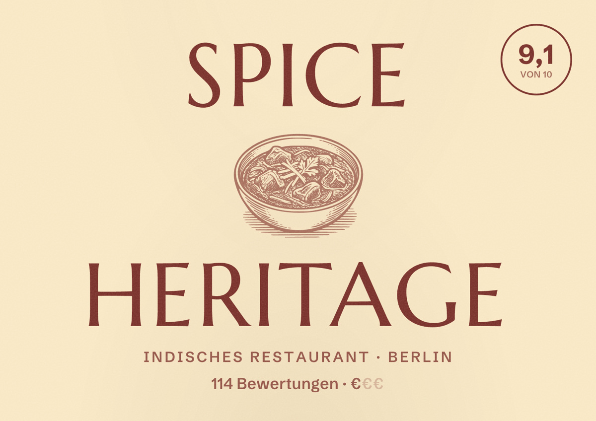 Illustriertes Poster von Spice Heritage, Indisches Restaurant in Berlin: Bewertung 9,1 von 10 aus 114 Bewertungen, Preisniveau €