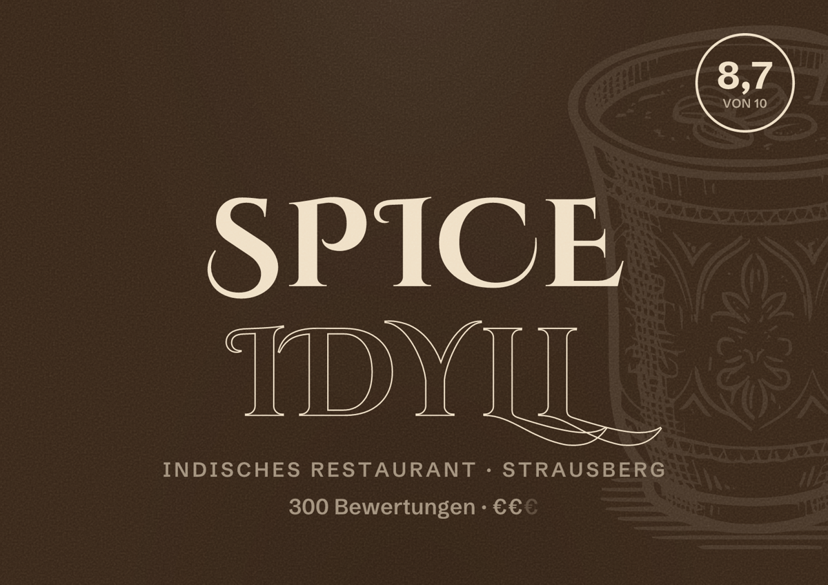 Illustriertes Poster von Spice Idyll, Indisches Restaurant in Strausberg: Bewertung 8,7 von 10 aus 300 Bewertungen, Preisniveau €€