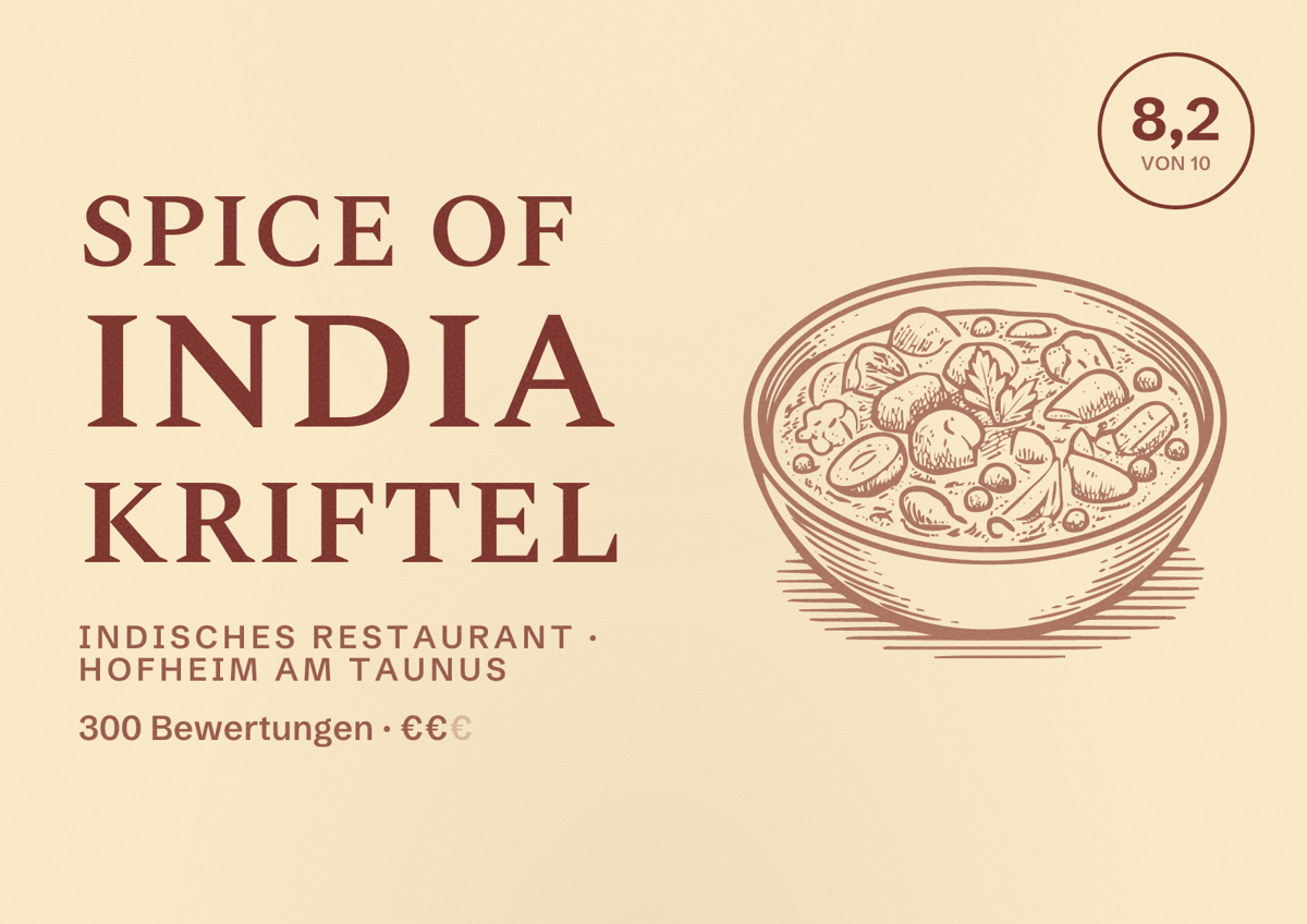 Illustriertes Poster von Spice of India Kriftel, Indisches Restaurant in Hofheim am Taunus: Bewertung 8,2 von 10 aus 300 Bewertungen, Preisniveau €€