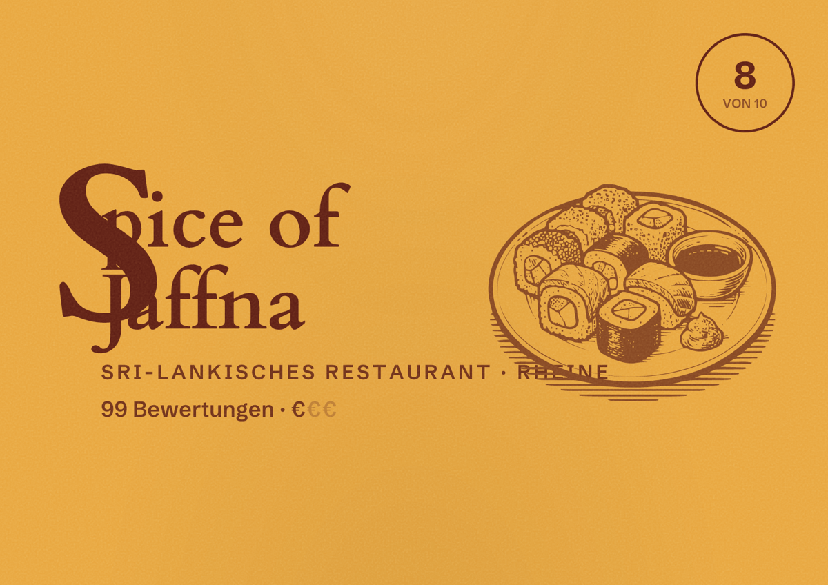 Illustriertes Poster von Spice of Jaffna, Sri-Lankisches Restaurant in Rheine: Bewertung 8 von 10 aus 99 Bewertungen, Preisniveau €