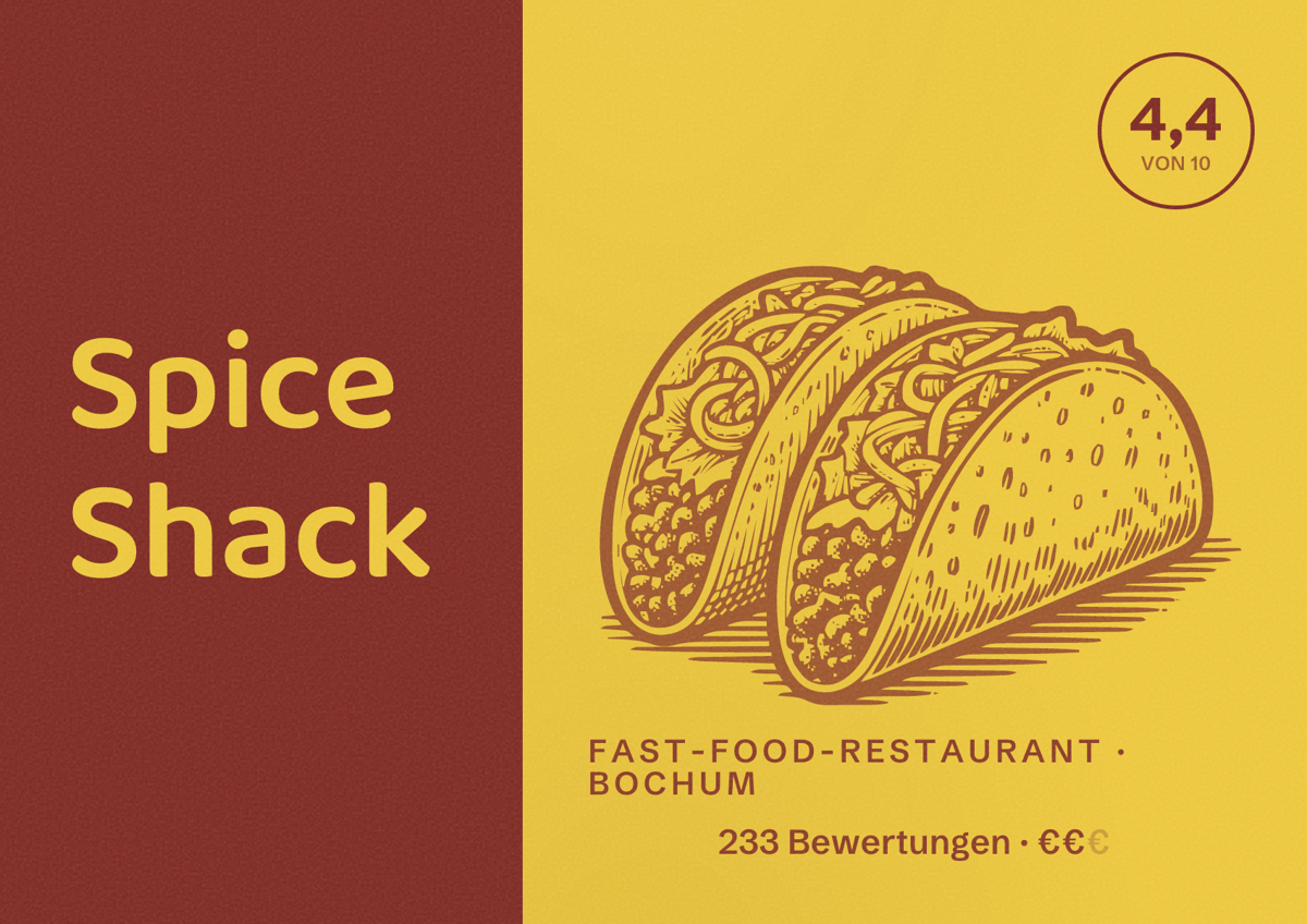 Illustriertes Poster von Spice Shack, Fast-Food-Restaurant in Bochum: Bewertung 4,4 von 10 aus 233 Bewertungen, Preisniveau €€