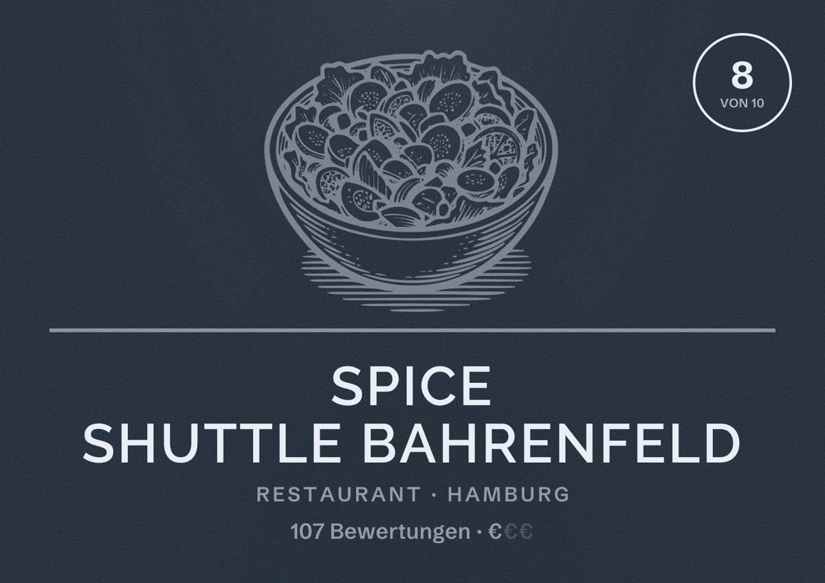 Illustriertes Poster von Spice Shuttle Bahrenfeld, Restaurant in Hamburg: Bewertung 8,0 von 10 aus 107 Bewertungen, Preisniveau €