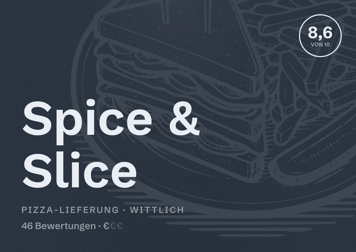Illustriertes Poster von Spice & Slice, Pizza-Lieferung in Wittlich: Bewertung 8,6 von 10 aus 46 Bewertungen, Preisniveau €