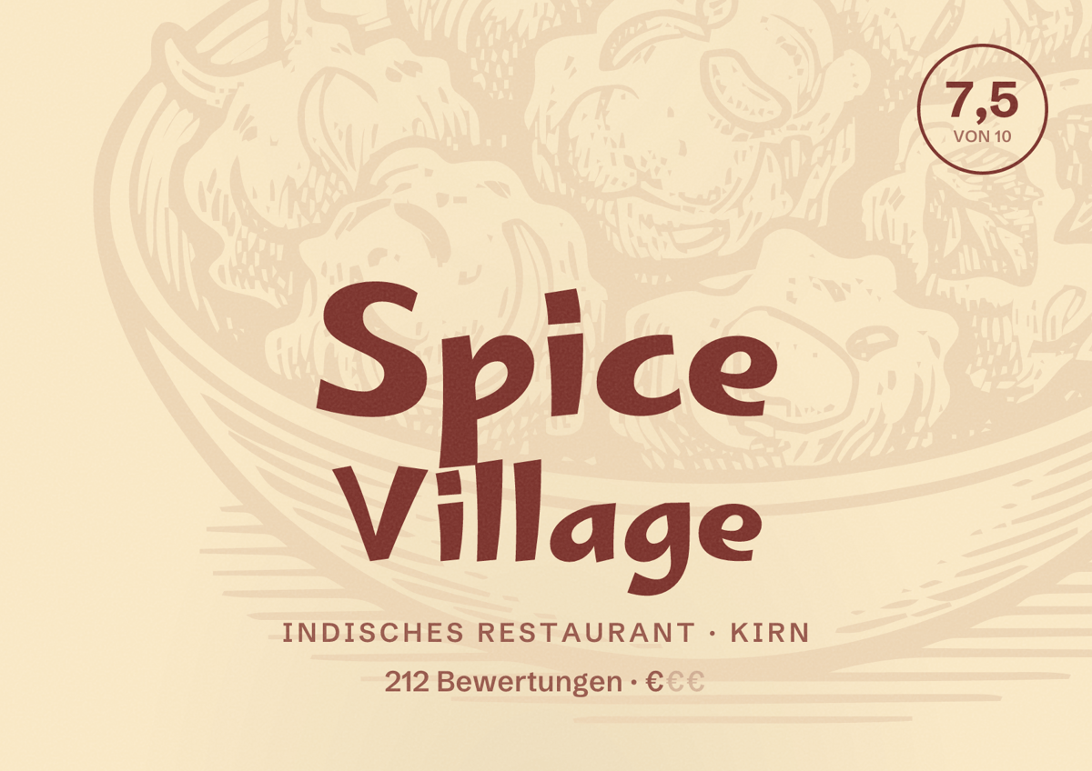 Illustriertes Poster von Spice Village, Indisches Restaurant in Kirn: Bewertung 7,5 von 10 aus 212 Bewertungen, Preisniveau €