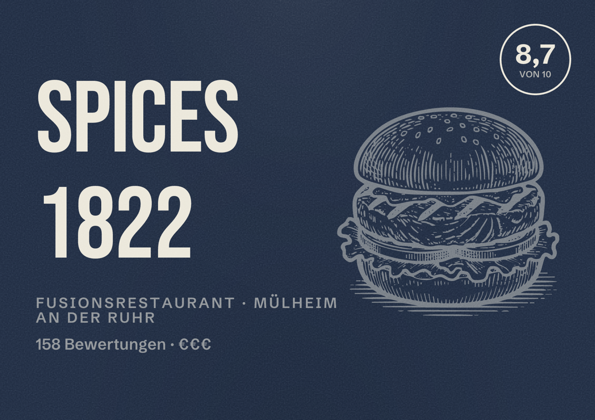 Illustriertes Poster von Spices 1822, Fusionsrestaurant in Mülheim an der Ruhr: Bewertung 8,7 von 10 aus 158 Bewertungen, Preisniveau €€€