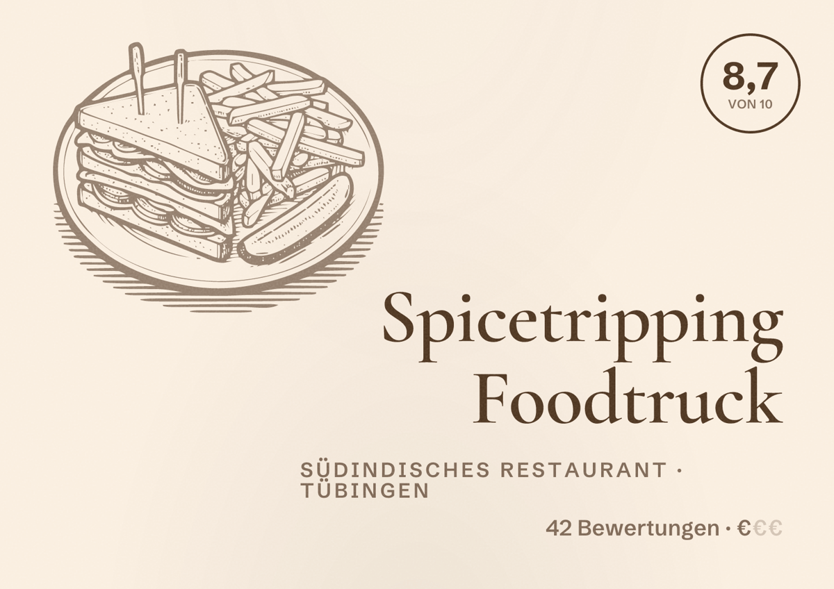 Illustriertes Poster von Spicetripping Foodtruck, Südindisches Restaurant in Tübingen: Bewertung 8,7 von 10 aus 42 Bewertungen, Preisniveau €