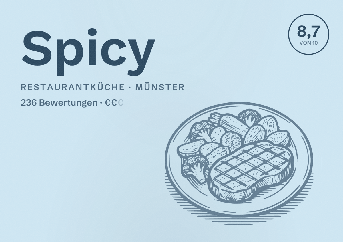 Illustriertes Poster von Spicy, Restaurantküche in Münster: Bewertung 8,7 von 10 aus 236 Bewertungen, Preisniveau €€