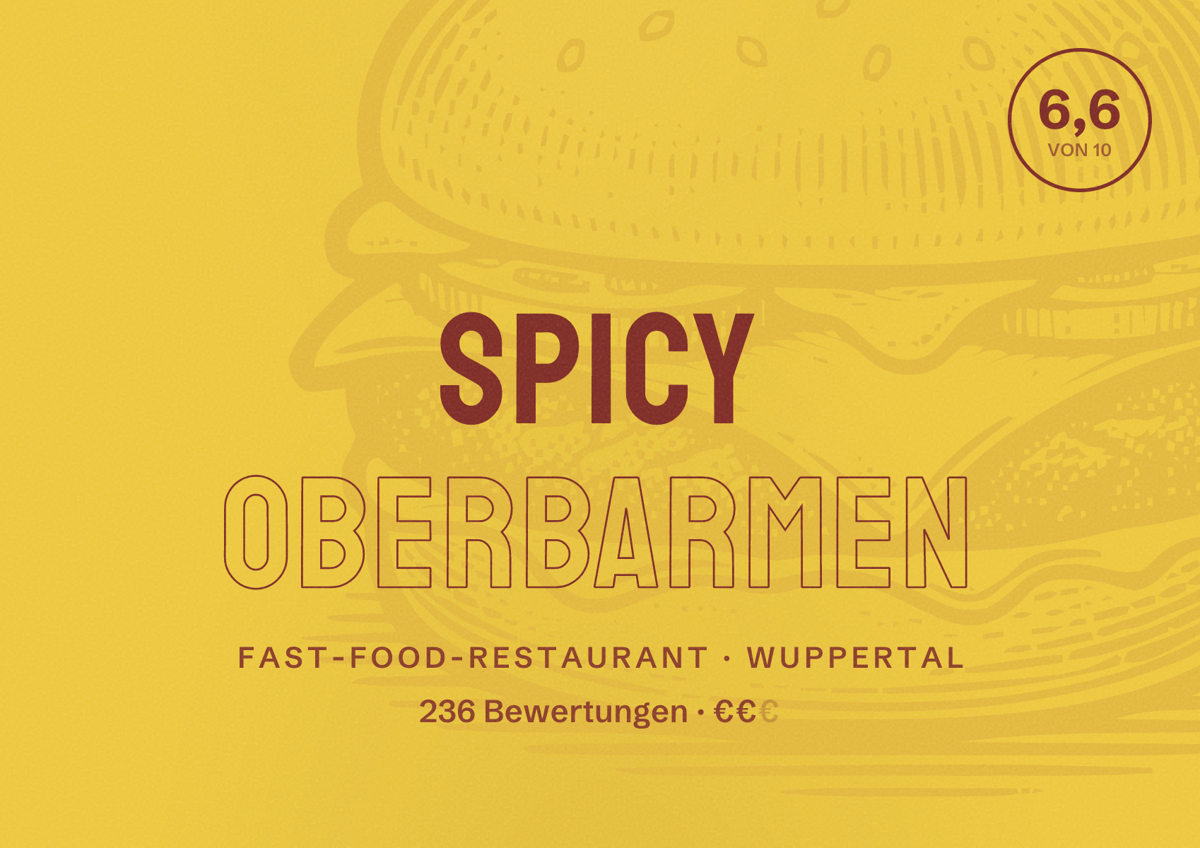 Illustriertes Poster von Spicy Oberbarmen, Fast-Food-Restaurant in Wuppertal: Bewertung 6,6 von 10 aus 236 Bewertungen, Preisniveau €€