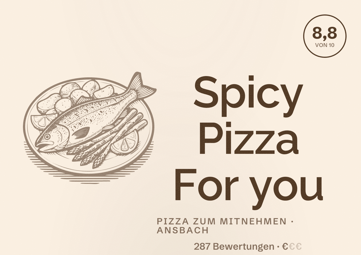 Illustriertes Poster von Spicy Pizza For you, Pizza zum Mitnehmen in Ansbach: Bewertung 8,8 von 10 aus 287 Bewertungen, Preisniveau €