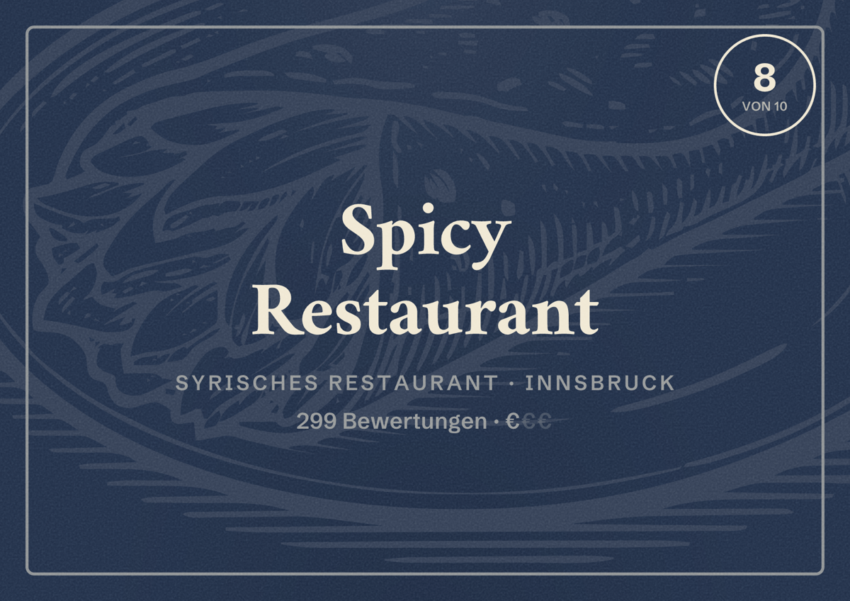 Illustriertes Poster von Spicy Restaurant, Syrisches Restaurant in Innsbruck: Bewertung 8 von 10 aus 299 Bewertungen, Preisniveau €